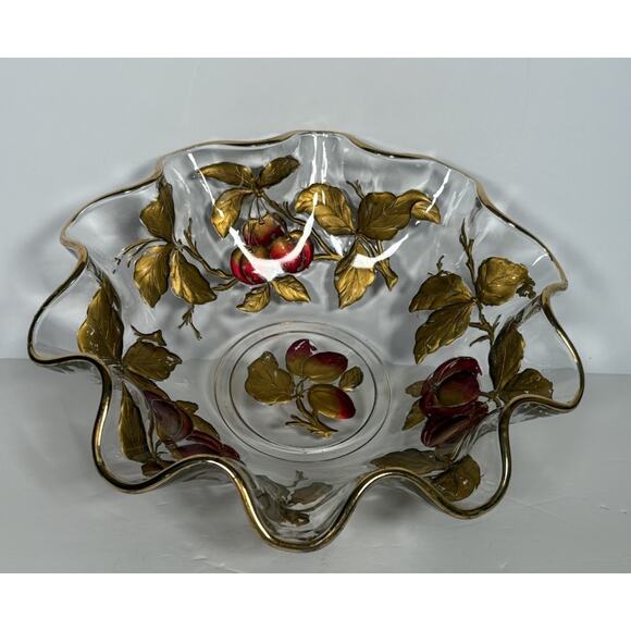 Vintage Glass Intaglio Fruit Bowl Goofus Glass Ruffled Gold Rim Red Fruit - Picture 2 of 14